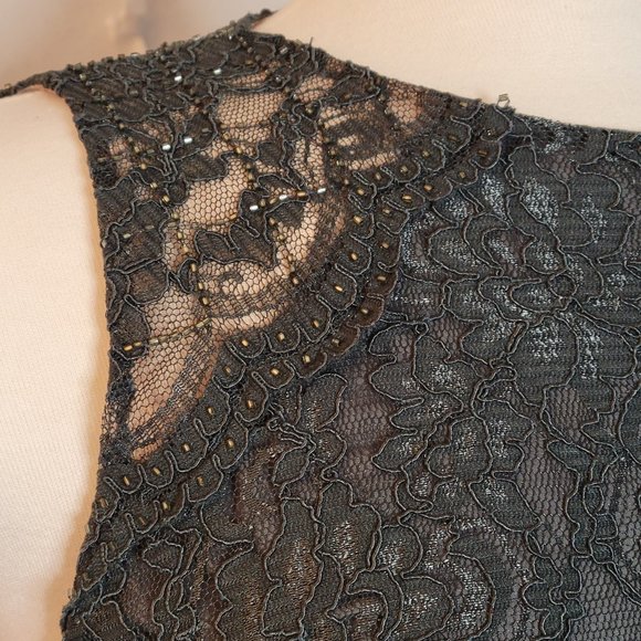 Lauren Ralph Lauren Evening Lace Dress w Beading Grey Size 14 Cocktail Halter - Picture 4 of 11